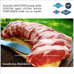 Beef Sirloin AGED BY GOODWINS Australia STEER young cattle (Striploin / New York Strip / Has Luar) frozen brand Harvey/Midfield STEAK 2cm 3/4" (price/pack kg 4-5pcs)